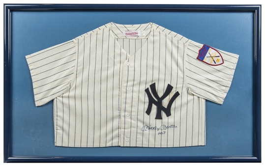 Mickey Mantle Signed and Inscribed "No 7" Golden Anniversary Pinstripe Wool New York Yankees Jersey In Frame Display (PSA/DNA)
